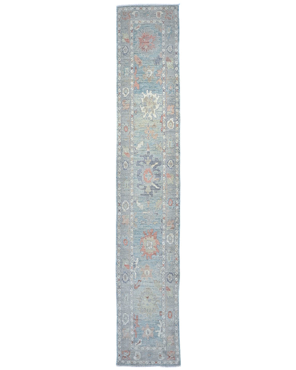 16 Ft Soft Blue Oushak Turkish Handmade Traditional Soft Wool Runner Rug